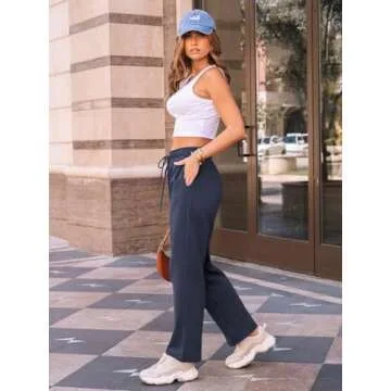 AUTOMET Women's Wide Leg Sweatpants Fleece Lined Baggy Straight Leg Lounge Pants Fall Outfits Athletic Joggers with Pockets NavyBlue M