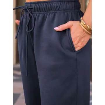 AUTOMET Women's Wide Leg Sweatpants Fleece Lined Baggy Straight Leg Lounge Pants Fall Outfits Athletic Joggers with Pockets NavyBlue M