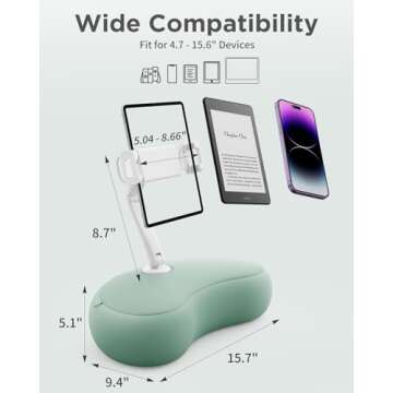 SAIJI Tablet Kindle Holder Pillow, Compatible with 4.7”-15.6” Kindle, Tablet, Phone, Portable Monitor, 360° Adjustable Tablet Stand for Bed with Flexible Dual Axis Arm and Microbead Cushion (Cyan)