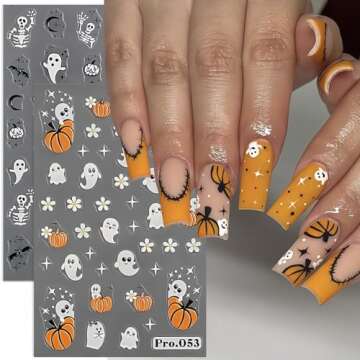 Halloween Nail Art Stickers Cute Ghost Nail Decals 3D Self Adhesive Cute Bat Pumpkin Skull Spider Web Nail Art Designs Stickers Halloween Nail Charms for Women Girls Nail Art Decoration 8 Sheets