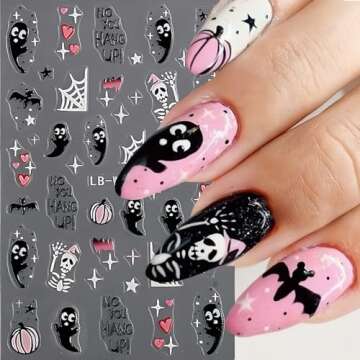 Halloween Nail Art Stickers Cute Ghost Nail Decals 3D Self Adhesive Cute Bat Pumpkin Skull Spider Web Nail Art Designs Stickers Halloween Nail Charms for Women Girls Nail Art Decoration 8 Sheets