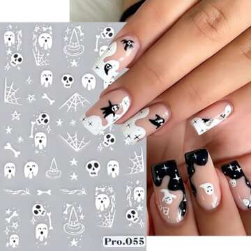 Halloween Nail Art Stickers Cute Ghost Nail Decals 3D Self Adhesive Cute Bat Pumpkin Skull Spider Web Nail Art Designs Stickers Halloween Nail Charms for Women Girls Nail Art Decoration 8 Sheets