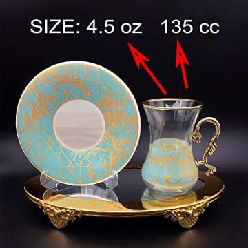 Vintage Turkish Tea Glasses Cups and Saucers Set of 6 for Party Adults Fancy Persian Gold Decorative Serving Teacups Teapot Gift Drinking Women Moroccan Mothers Day Style Glassware Wedding Unique