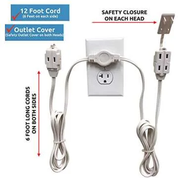 W4W, Twin Extension Cord Power Strip - 12 Foot Cord - 6 feet on Each Side - Flat Head (Wall Hugger) ...