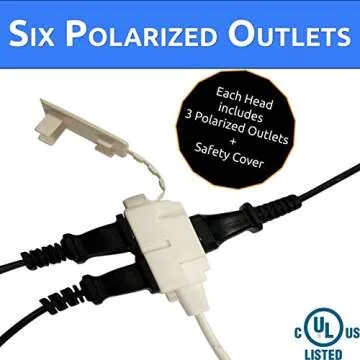 W4W, Twin Extension Cord Power Strip - 12 Foot Cord - 6 feet on Each Side - Flat Head (Wall Hugger) Outlet Plug - 6 Polarized Outlets with Safety Cover