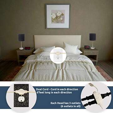 W4W, Twin Extension Cord Power Strip - 12 Foot Cord - 6 feet on Each Side - Flat Head (Wall Hugger) Outlet Plug - 6 Polarized Outlets with Safety Cover