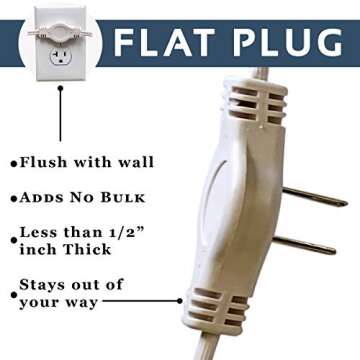 W4W, Twin Extension Cord Power Strip - 12 Foot Cord - 6 feet on Each Side - Flat Head (Wall Hugger) Outlet Plug - 6 Polarized Outlets with Safety Cover