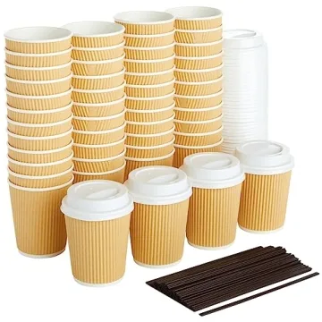Juvale 50 Pack Disposable Small Coffee Cups 8 oz - Insulated Ripple Kraft Design for Hot Drinks with...