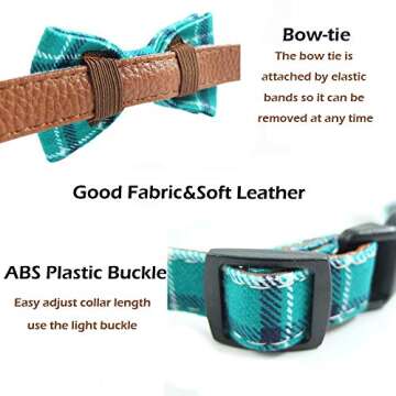 Dog Collar Bow Tie - Adorable Plaid Sturdy Soft Material&Leather Dog Collars for Small Medium Large Dogs Breed Pup Adjustable 18 Colors and 3 Sizes (Cyan Plaid, M 13"-18")