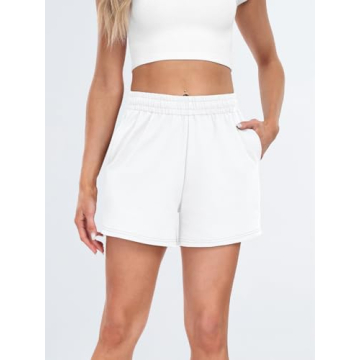 AUTOMET Womens Sweat Shorts Casual Summer Drawstring Comfy Elastic High Waist Running Clothes with Pockets White M
