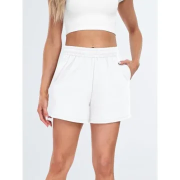 AUTOMET Womens Sweat Shorts Casual Summer Drawstring Comfy Elastic High Waist Running Clothes with Pockets White M