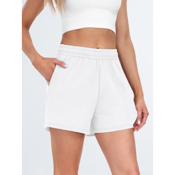 AUTOMET Womens Sweat Shorts Casual Summer Drawstring Comfy Elastic High Waist Running Clothes with Pockets White M