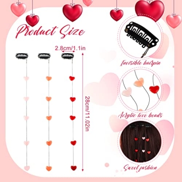 6 Pcs Valentine's Day Heart Hair Clip for Women Acrylic Heart Bead Streamline Invisible Hair Extensions Heart Hair Accessories DIY Cute Hair Side Comb for Girls, Light Pink, Rose Red, Bright Red