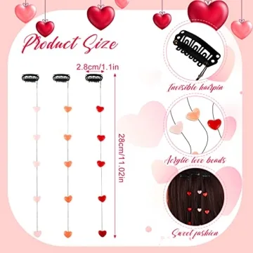 6 Pcs Valentine's Day Heart Hair Clip for Women Acrylic Heart Bead Streamline Invisible Hair Extensions Heart Hair Accessories DIY Cute Hair Side Comb for Girls, Light Pink, Rose Red, Bright Red