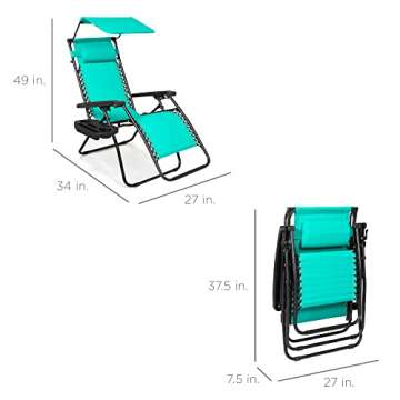 Best Choice Products Folding Zero Gravity Outdoor Recliner Patio Lounge Chair w/Adjustable Canopy Shade, Headrest, Side Accessory Tray, Textilene Mesh - Mint