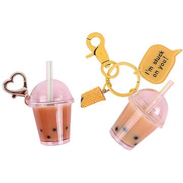 Leriaon Miniature Bubble Tea Key Chain Coconut Pearl Milk Tea Beverage Resin Casting for Car Purse Bag Decor Keychain Accessories 2PCS Style B