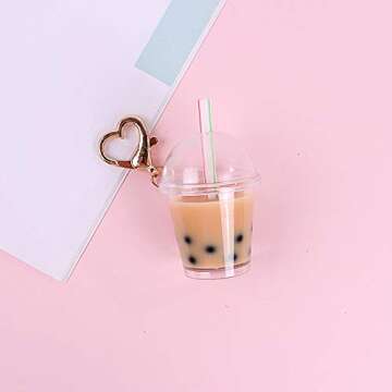 Leriaon Miniature Bubble Tea Key Chain Coconut Pearl Milk Tea Beverage Resin Casting for Car Purse Bag Decor Keychain Accessories 2PCS Style B