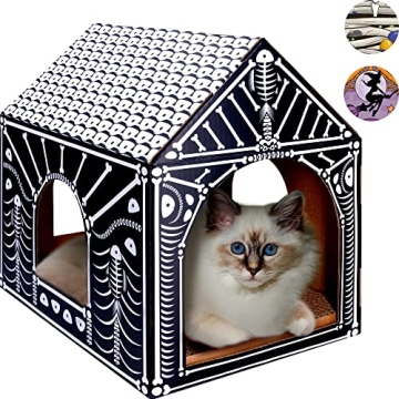 LiBa Cardboard Cat House with Scratch Pad and Catnip, Cat Bed for Indoor Cats, Cat Scratcher, Cat To...