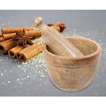 Handmade Wooden Mortar & Pestle Set Rustic Style Herb Spice Grinder Masala Mixer Manual Kharal Mashi...