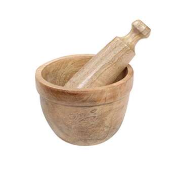 Handmade Wooden Mortar & Pestle Set Rustic Style Herb Spice Grinder Masala Mixer Manual Kharal Mashing Bowl Seasonings Pill Crusher Kitchen Utensils, Garlic Press, Coffee Grinder - 4 Inch - Natural
