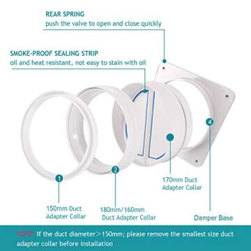 6 Inch Backdraft Damper, HG POWER 3-in-1 Detachable Damper, Flange, Duct Adaptor with Butterfly Back Check Valve for Kitchen, Panel Size: 8", Duct Size: 6"-7"