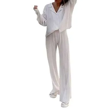Women 's Casual 2 Piece Outfits, Long Sleeve Button Down Pleated Shirt + Pants Set (White, Small)