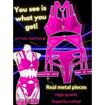 Kaei&Shi Garter Belt Thong Lingerie For Women,Strappy Hollow Out Underwire Racerback Sexy Lingerie,Harness Garter Leg Strap Matching 4 Piece Lingerie Set Boudoir Glow In The Dark Neon Pink Large
