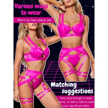 Kaei&Shi Garter Belt Thong Lingerie For Women,Strappy Hollow Out Underwire Racerback Sexy Lingerie,Harness Garter Leg Strap Matching 4 Piece Lingerie Set Boudoir Glow In The Dark Neon Pink Large