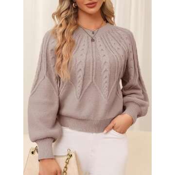 Dokotoo Womens Cable Knit Sweater Elegant Crewneck Balloon Long Sleeve Pullovers Solid Loose Fashion Chunky Outerwear Khaki Jumpers X-Large