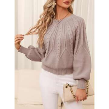 Dokotoo Womens Cable Knit Sweater Elegant Crewneck Balloon Long Sleeve Pullovers Solid Loose Fashion Chunky Outerwear Khaki Jumpers X-Large