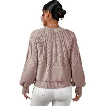 Dokotoo Womens Cable Knit Sweater Elegant Crewneck Balloon Long Sleeve Pullovers Solid Loose Fashion Chunky Outerwear Khaki Jumpers X-Large