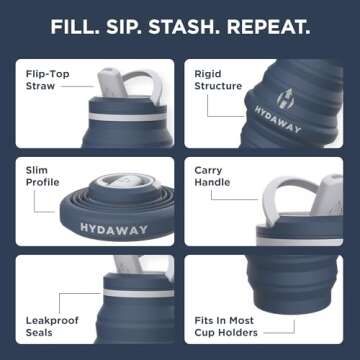 HYDAWAY Collapsible Water Bottle - 25oz I Reusable Water Bottle with Flip Top Lid for Travel, Hiking, Backpacking I Portable & Leakproof, Food-Grade Silicone, BPA Free, Collapses to 1.5”