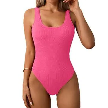 Limeeke Women One Piece Swimsuit Solid Ribbed Monokini Swimwear Scoop Neck Low Back Bathing Suit Hot Pink S