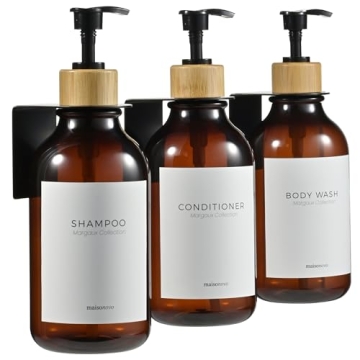 MaisoNovo Shampoo and Conditioner Dispenser - Luxury Wall-mounted Set of 3 Amber Bottles