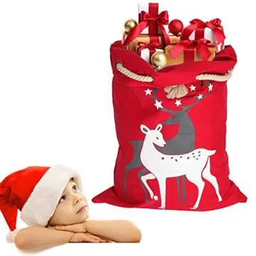LessMo Christmas Santa Sack, Large Christmas Canvas Gift Bag with Drawstring, [Place to Write Wishes] Reusable Personalized Best Gift, for Xmas Package Storage, Christmas Party Supplies Favors
