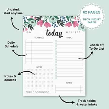 Zynshe Daily Planner Notepad - 7"x9” inches, 60 tear off sheets - Planner Undated/To Do List Notepad, Habit Tracker, Goal Planner (Blue Floral)