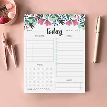Zynshe Daily Planner Notepad - 7"x9” inches, 60 tear off sheets - Planner Undated/To Do List Notepad, Habit Tracker, Goal Planner (Blue Floral)