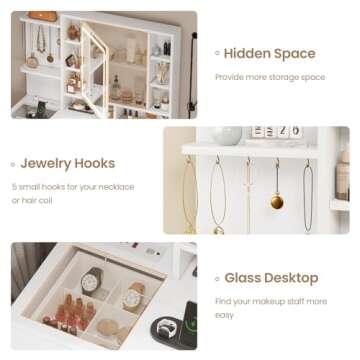 AOGLLATI Makeup Vanity with Lights in 3 Colors, White Vanity Desk with Mirror and Lights, Vanity Table with Charging Station, Makeup Desk with Visible Drawers, Hidden and Open Storage Shelves