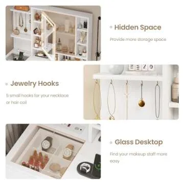 AOGLLATI Makeup Vanity with Lights in 3 Colors, White Vanity Desk with Mirror and Lights, Vanity Table with Charging Station, Makeup Desk with Visible Drawers, Hidden and Open Storage Shelves