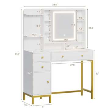 AOGLLATI Makeup Vanity with Lights in 3 Colors, White Vanity Desk with Mirror and Lights, Vanity Table with Charging Station, Makeup Desk with Visible Drawers, Hidden and Open Storage Shelves