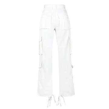 High Waisted Cargo Jeans for Women Straight Wide Leg Y2k Streetwear Cargo Pants Baggy Boyfriend Denim Pants with Pockets Beige White