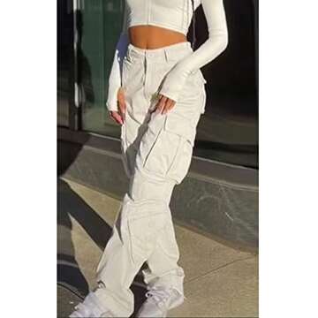High Waisted Cargo Jeans for Women Straight Wide Leg Y2k Streetwear Cargo Pants Baggy Boyfriend Denim Pants with Pockets Beige White