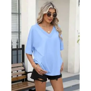 Womens Oversized V Neck Cotton Tee Shirt for Summer Style