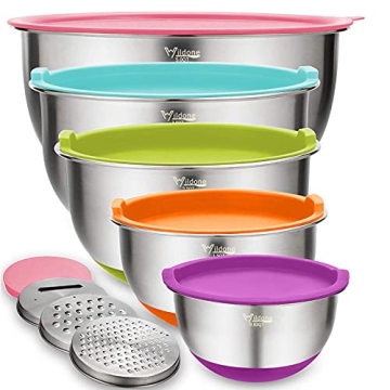 Wildone Mixing Bowls with Lids Set, 5PCS Stainless Steel Colorful Nesting Bowls with 3 Grater Attach...
