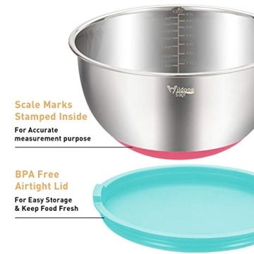 Wildone Mixing Bowls with Lids Set, 5PCS Stainless Steel Colorful Nesting Bowls with 3 Grater Attachments, Measurement Marks & Non-Slip Bottoms, Size 5, 3, 2, 1.5, 0.63 QT, Great for Mixing & Serving