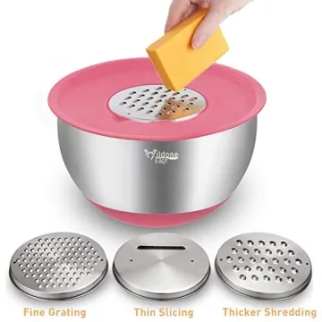 Wildone Mixing Bowls with Lids Set, 5PCS Stainless Steel Colorful Nesting Bowls with 3 Grater Attachments, Measurement Marks & Non-Slip Bottoms, Size 5, 3, 2, 1.5, 0.63 QT, Great for Mixing & Serving