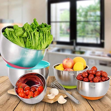 Wildone Mixing Bowls with Lids Set, 5PCS Stainless Steel Colorful Nesting Bowls with 3 Grater Attachments, Measurement Marks & Non-Slip Bottoms, Size 5, 3, 2, 1.5, 0.63 QT, Great for Mixing & Serving