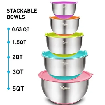 Wildone Mixing Bowls with Lids Set, 5PCS Stainless Steel Colorful Nesting Bowls with 3 Grater Attachments, Measurement Marks & Non-Slip Bottoms, Size 5, 3, 2, 1.5, 0.63 QT, Great for Mixing & Serving