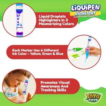 YoYa Toys Liquipen Highlighters - Liquid Motion Bubbler Pens Sensory Toy (3 Pack) - Highlights Like a Regular Highlighter Marker Pen - Colorful Timer Pens - Fun & Cool Fidget Toys for Kids & Adults