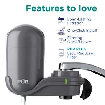 PUR PLUS Vertical Faucet Mount Water Filtration System with 3-in-1 Lead Reducing Filter for Great-Tasting Filtered Tap Water, Lasts 100 Gallons, Fits Most Kitchen or Bathroom Faucets, Grey